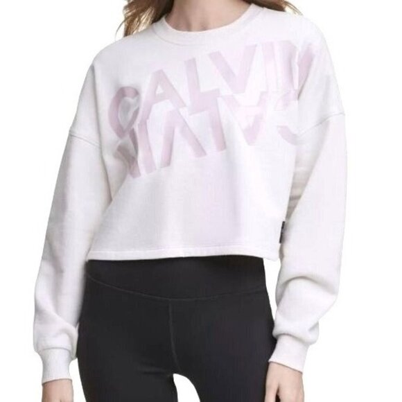 Calvin Klein Oversized Mirror Logo Cropped Sweatshirt Spell Out L Long Sleeve - Picture 1 of 10